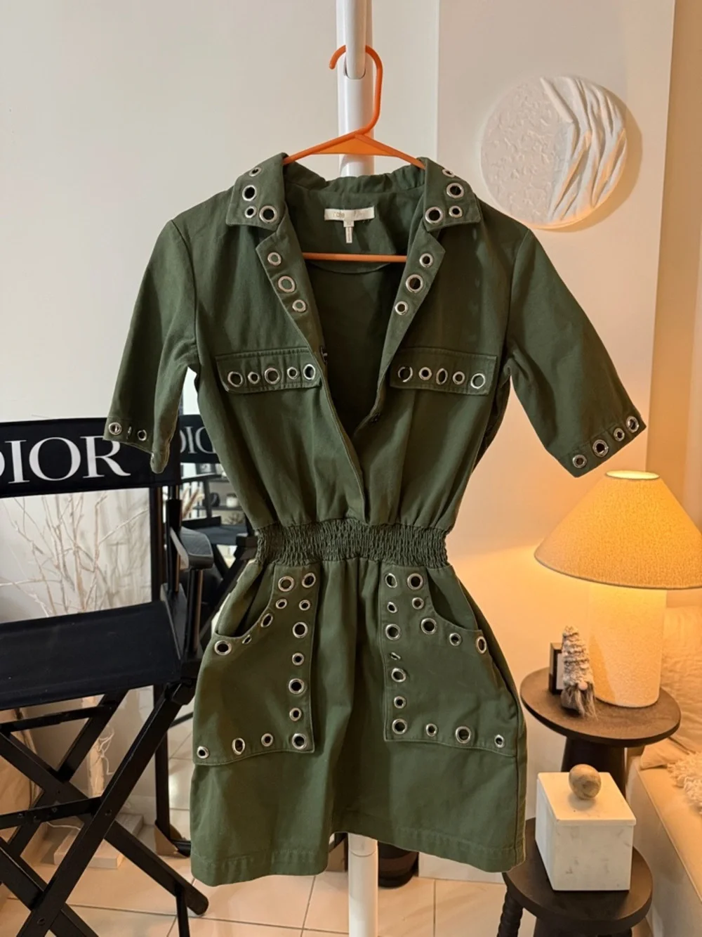 Maje Olive Green Eyelet Utility Mini Dress w silver accents - Picture 3 of 12